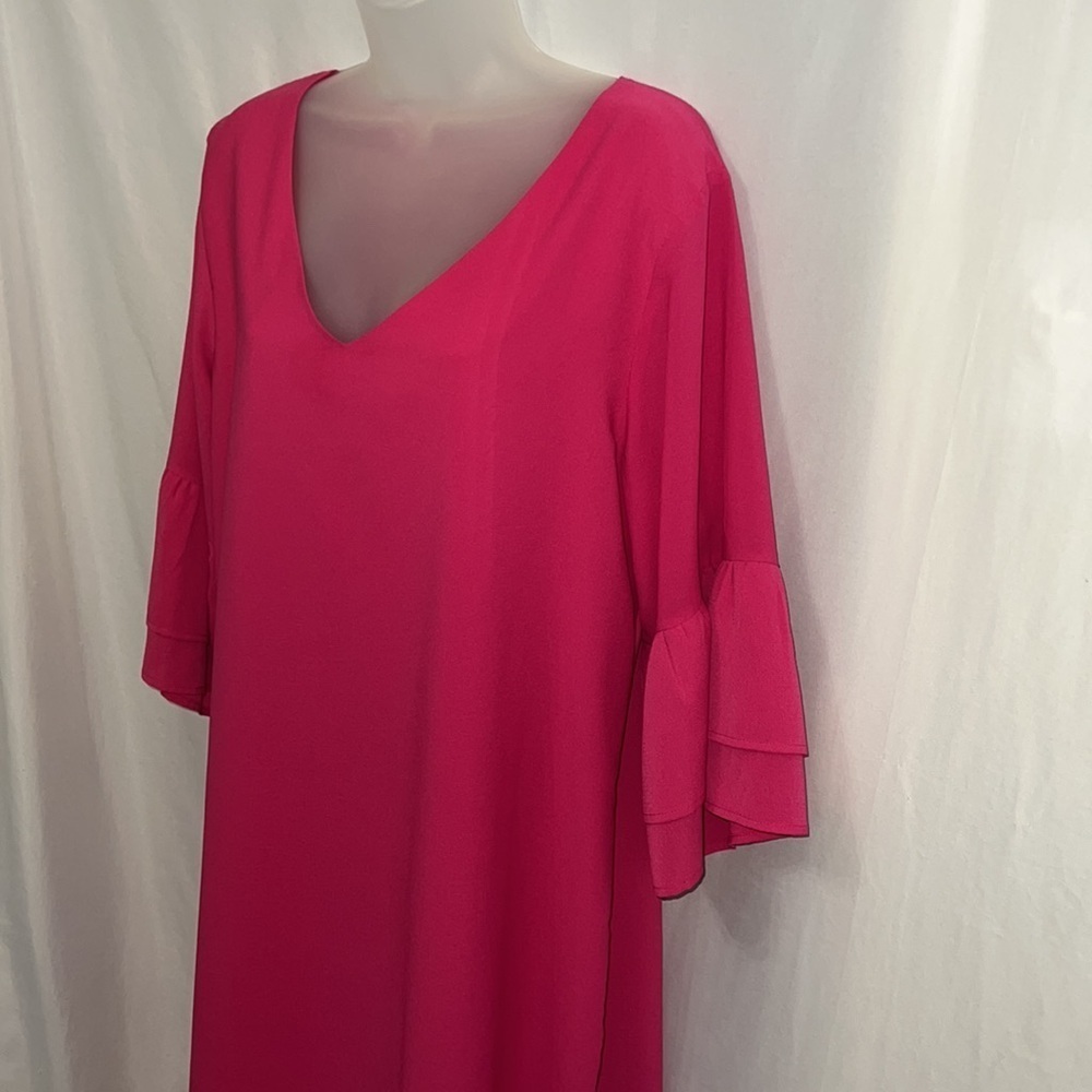Belongsci Womens Vibrant Pink V-Neck Shift Dress with Ruffle Sleeves Size XL - Picture 3 of 7